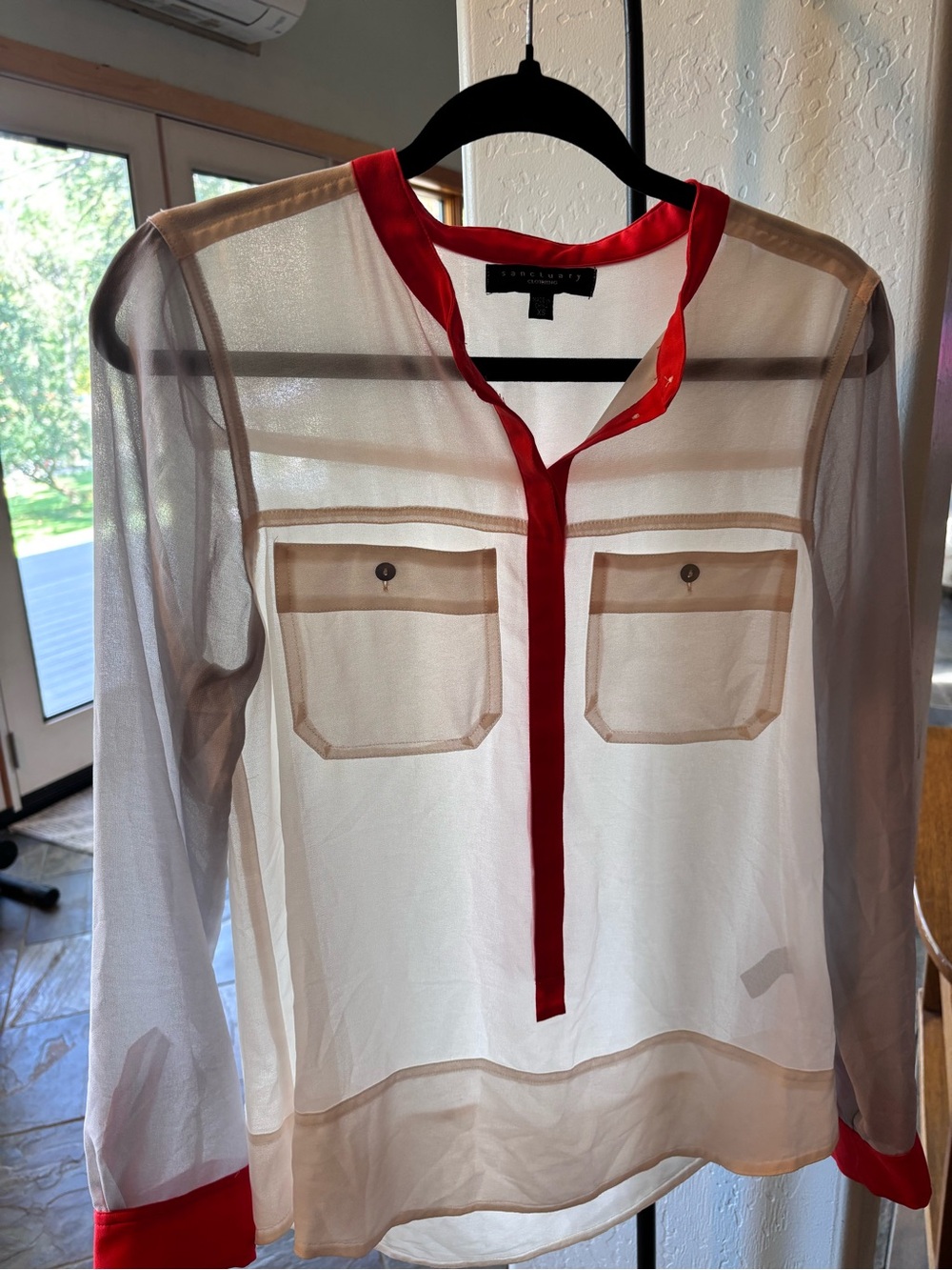 Sanctuary Clothing White Blouse Contrast Red Placket Pockets Sheer XS